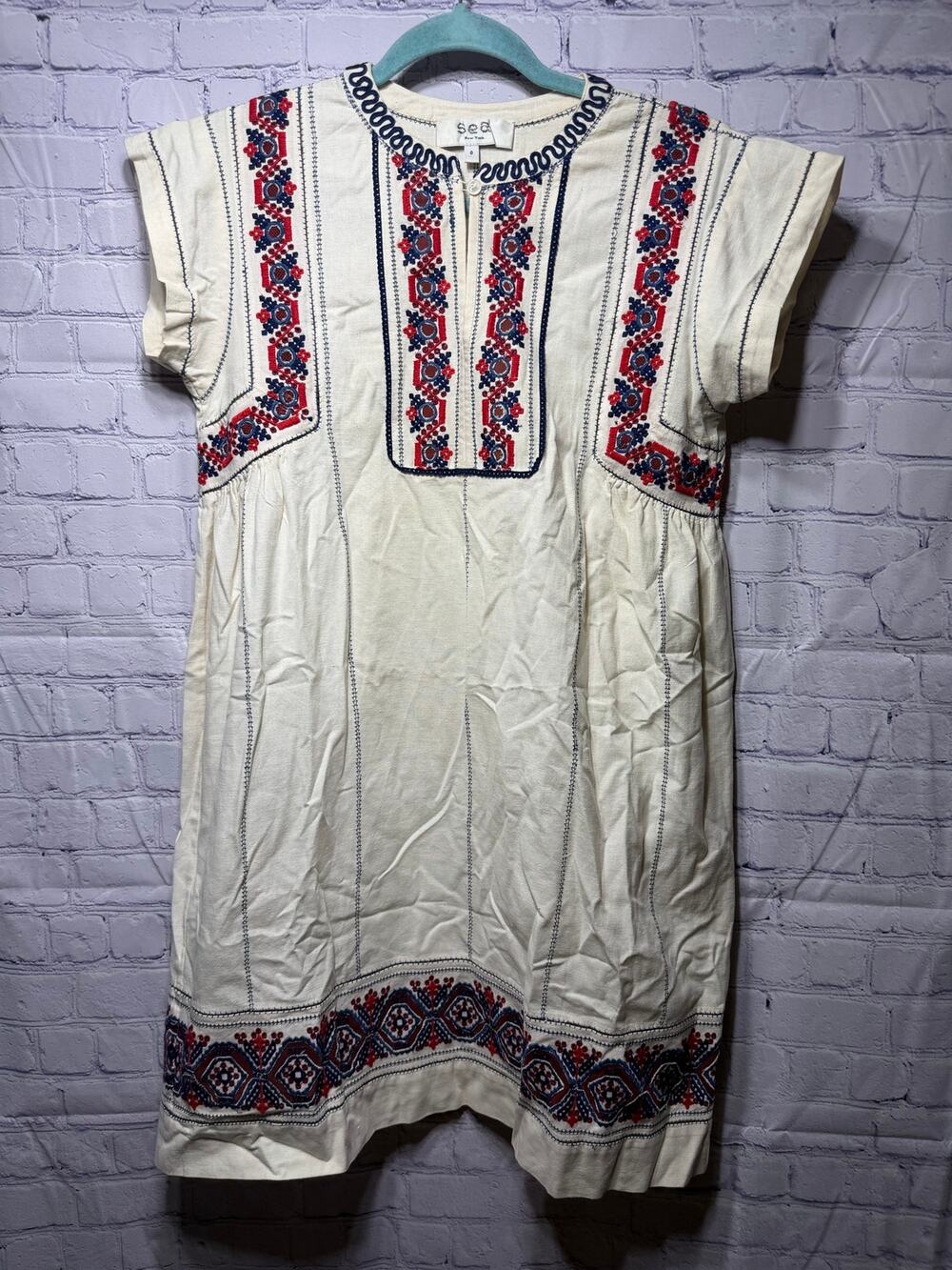 Sea New York Womens Short Sleeve Mini Dress Embroidered Detail Cream 0